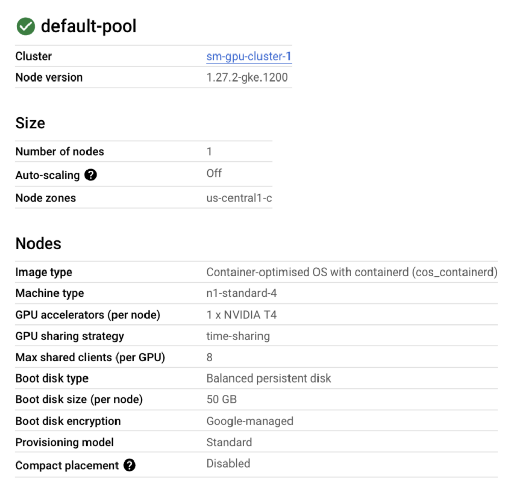 LLM deployment requires a powerful GKE cluster.  This image shows the Google Cloud configuration with an NVIDIA T4 GPU.