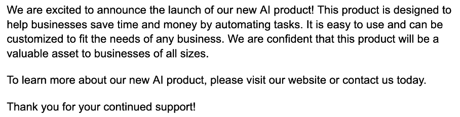 Gemini for Google Workspace in Docs generates a social media post announcing a new AI product launch.