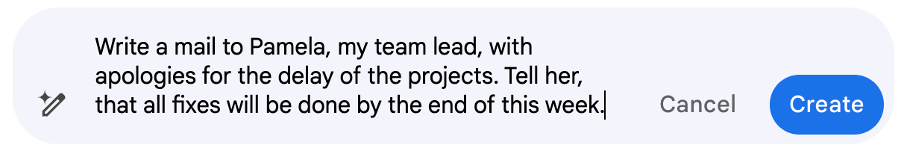 Gemini for Google Workspace in Gmail generates an email to Pamela, apologizing for project delays.