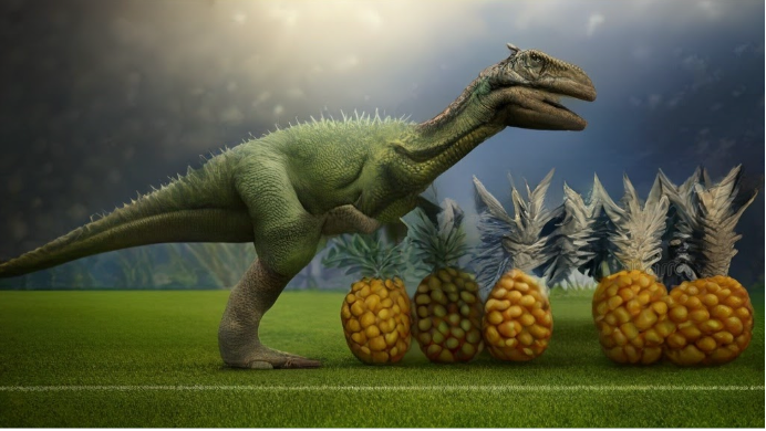 Gemini for Google Workspace generates an image of a dinosaur playing football against pineapples in Google Slides.