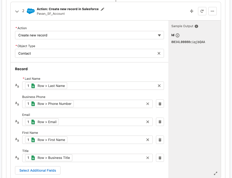 Configuring MuleSoft Composer to create a new contact record in Salesforce with mapped fields.