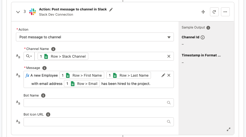 Configuring MuleSoft Composer to post a new employee message in Slack with mapped details.