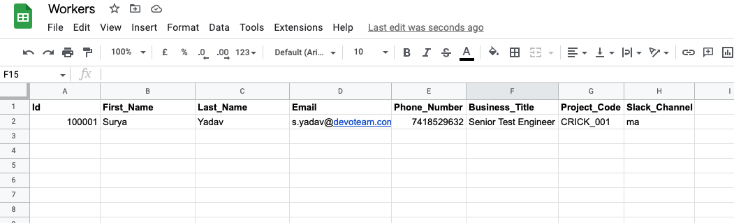 Sample employee data in Google Sheets for MuleSoft Composer integration with Salesforce and Slack.