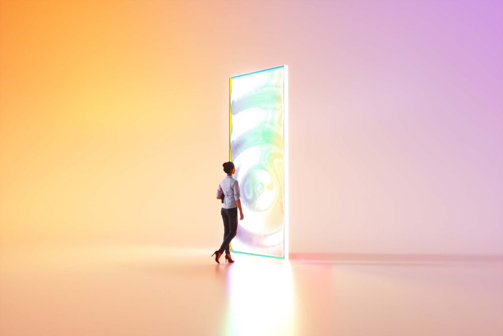 AI Services image: a Woman walking through a futuristic screen-like portal