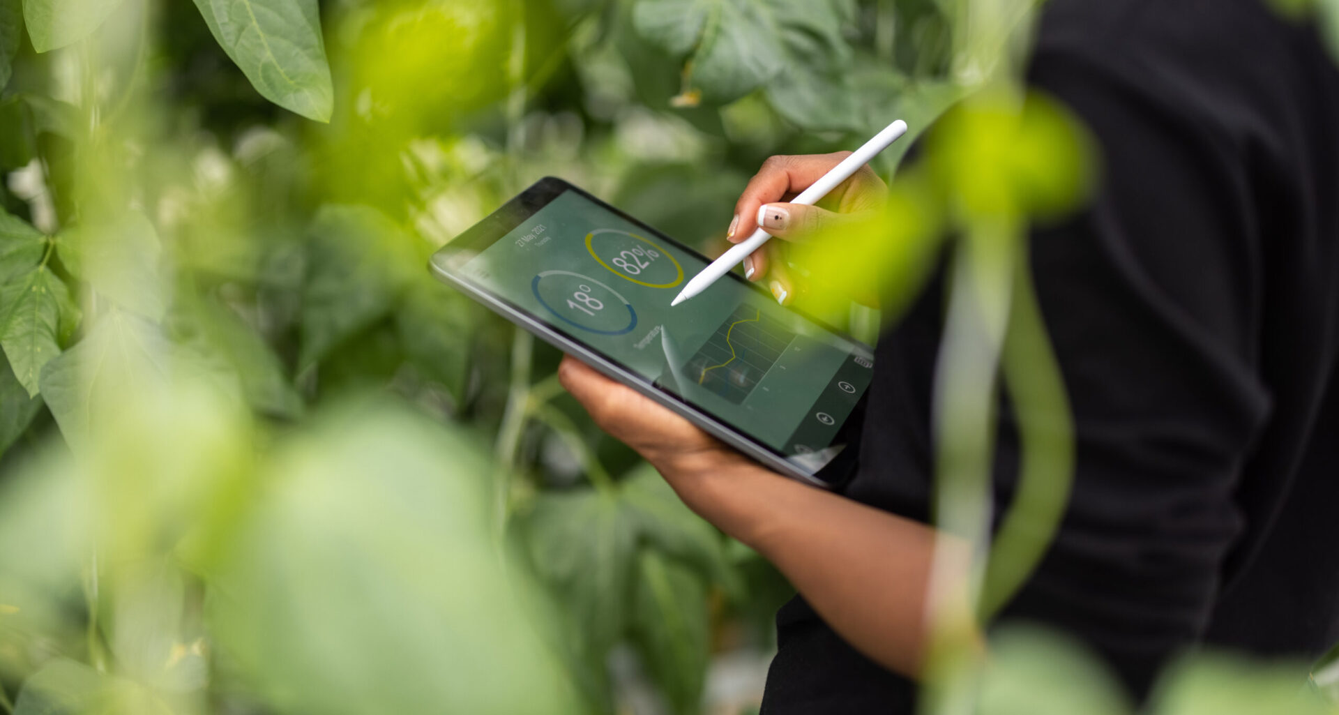 Employee uses EcoVadis platform to assess sustainability metrics on a tablet.