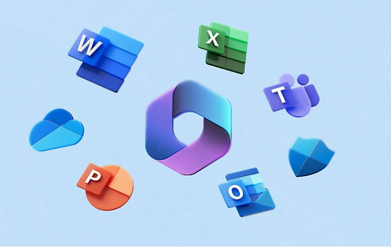 Icons of Microsoft 365 apps, highlighting AI integration in tools like Word, Excel, Teams, PowerPoint, and OneDrive.