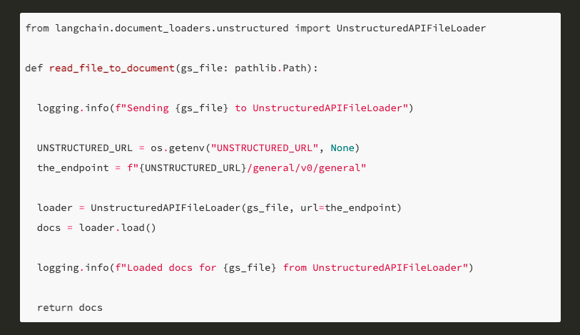 Python code snippet showing document loading on Cloud Run using Langchain's Unstructured API for private file parsing.