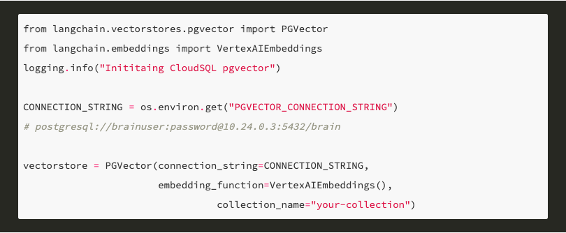 Python code snippet showing CloudSQL setup with pgvector for embedding storage and retrieval using Langchain on GCP.