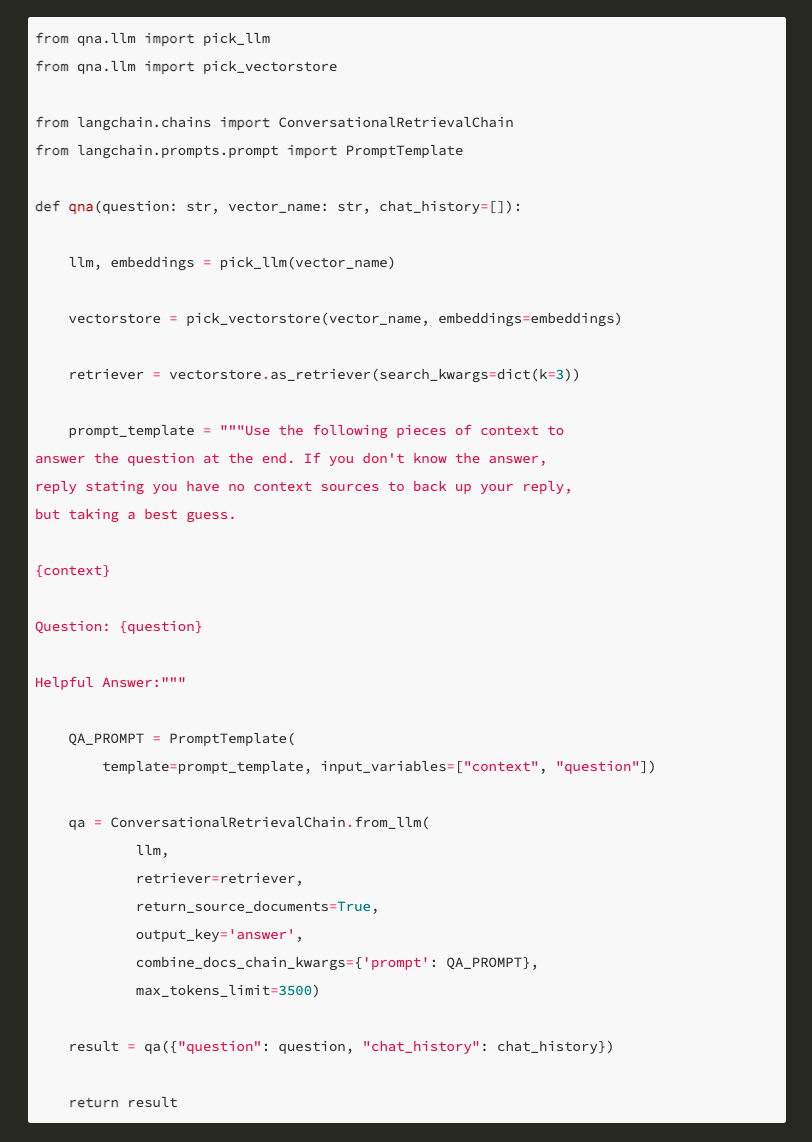 Python code snippet for a Q&A service using Langchain’s Conversational Retrieval Chain to handle context and query responses.