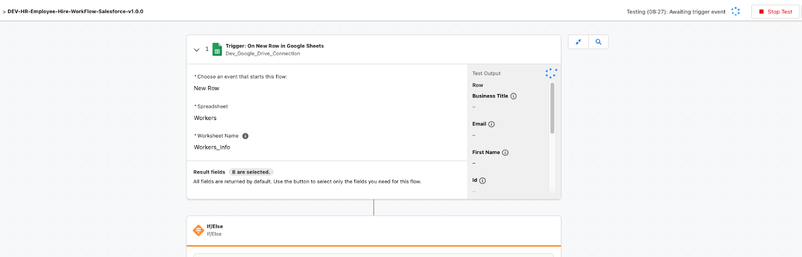 Google Sheets trigger setup in MuleSoft Composer for integration with Salesforce and Slack.