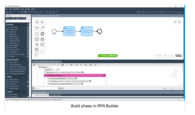 Screenshot showing the build phase in MuleSoft RPA Builder, demonstrating workflow creation and logic application for automation tasks.