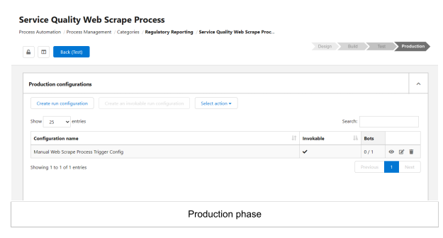 Screenshot of the RPA Builder interface during the production phase of the Service Quality Web Scrape Process in MuleSoft.