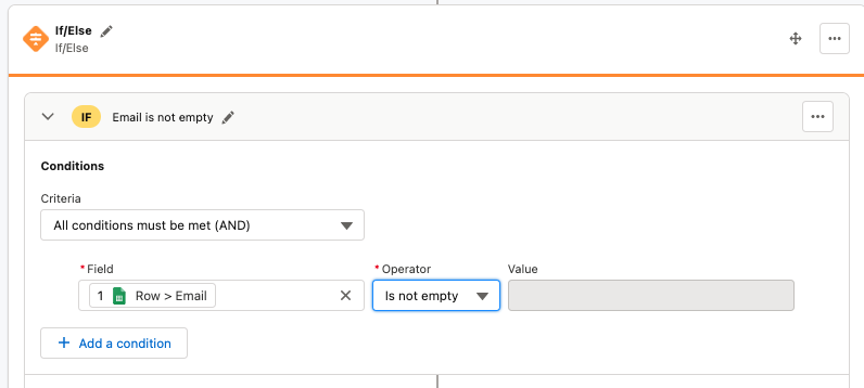 Configuring If/Else condition in MuleSoft Composer to check if the email field is not empty.