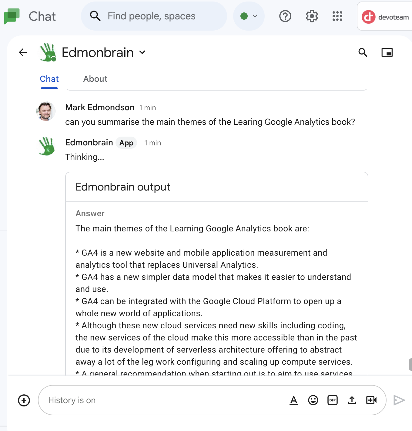 Screenshot of Edmonbrain chatbot in Google Chat summarising key themes from a Google Analytics book, demonstrating LLMOps on GCP.