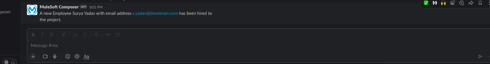 Slack message confirmation for new employee record created via MuleSoft Composer integration.