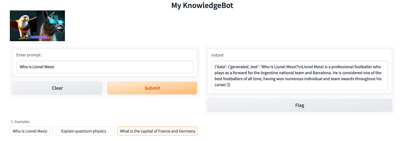 Screenshot of a Gradio web app demonstrating successful LLM deployment.  A user can input a question, and the deployed Falcon-7B model provides a response.