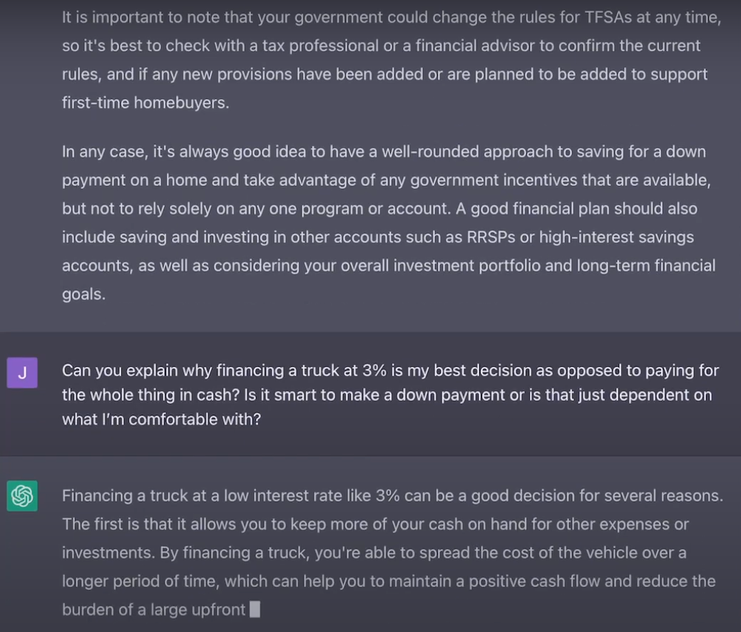 Screenshot of text summarisation capabilities, showcasing how AI models summarise financial content and provide advice.