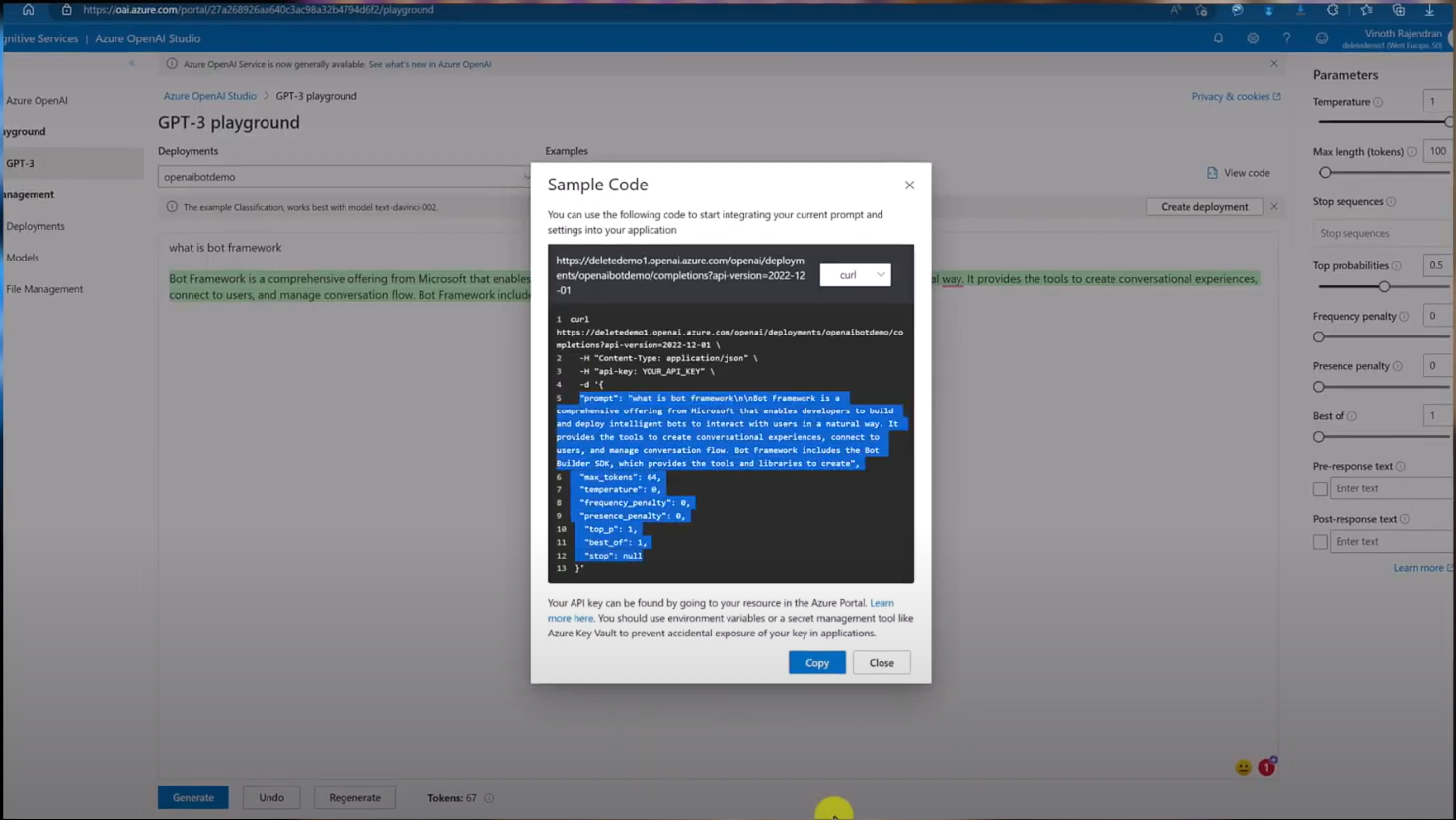 Screenshot showing Azure OpenAI Service's code generation feature, displaying a code output in the interface.