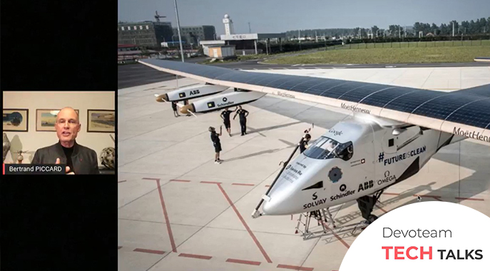 Bertrand Piccard talking about a modern solar aircraft, highlighting advancements in sustainable aviation and renewable energy.