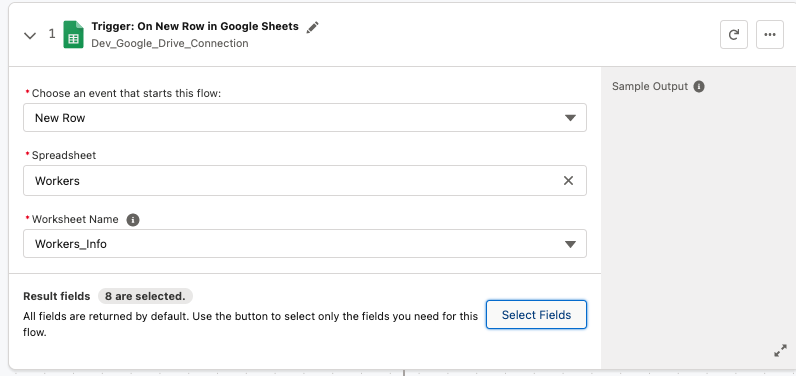 Configuring Google Sheets trigger in MuleSoft Composer for integration with Salesforce.