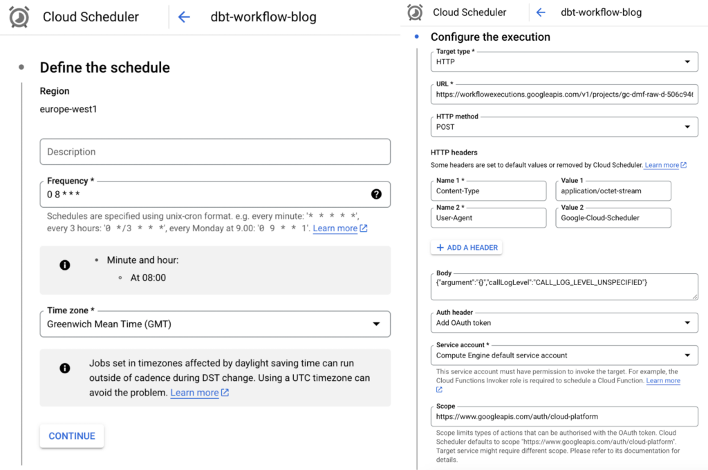 An example of creating a scheduler that runs daily at 8 AM and triggers the workflow.