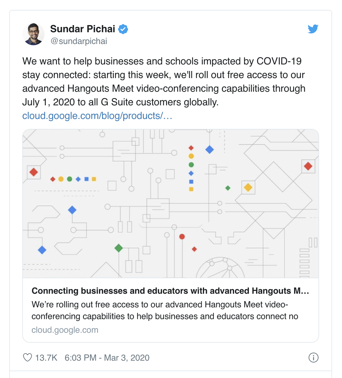 Sundar Pichai coronavirus G Suite Announcement