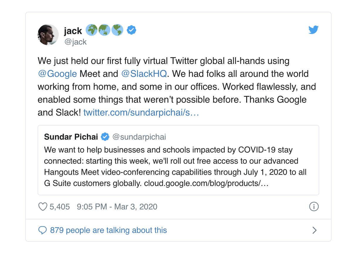 coronavirus G Suite Announcement Twitter remote work example